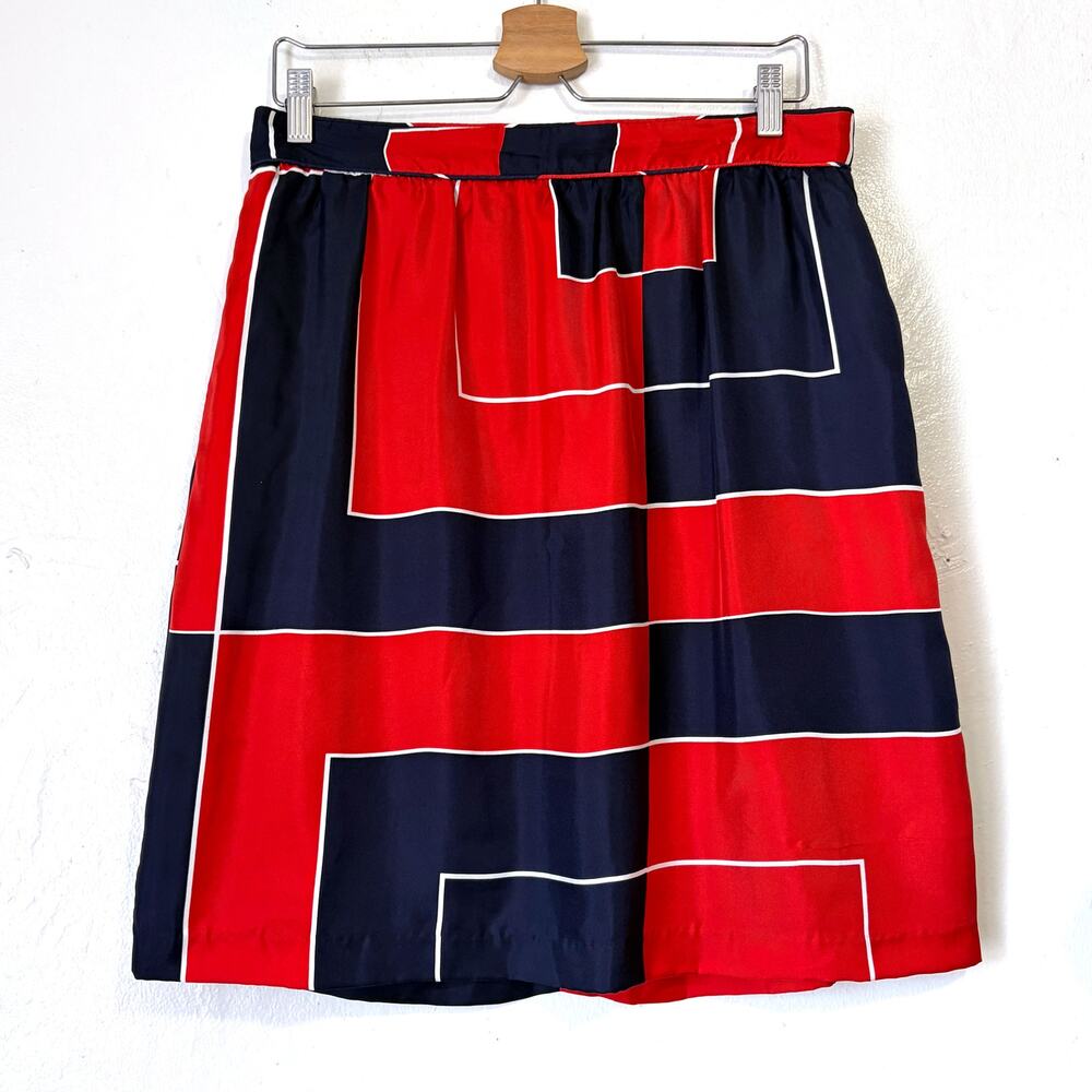 Elizabeth McKay 100% Silk Geometric Color Block Skirt Red Navy Size 10
